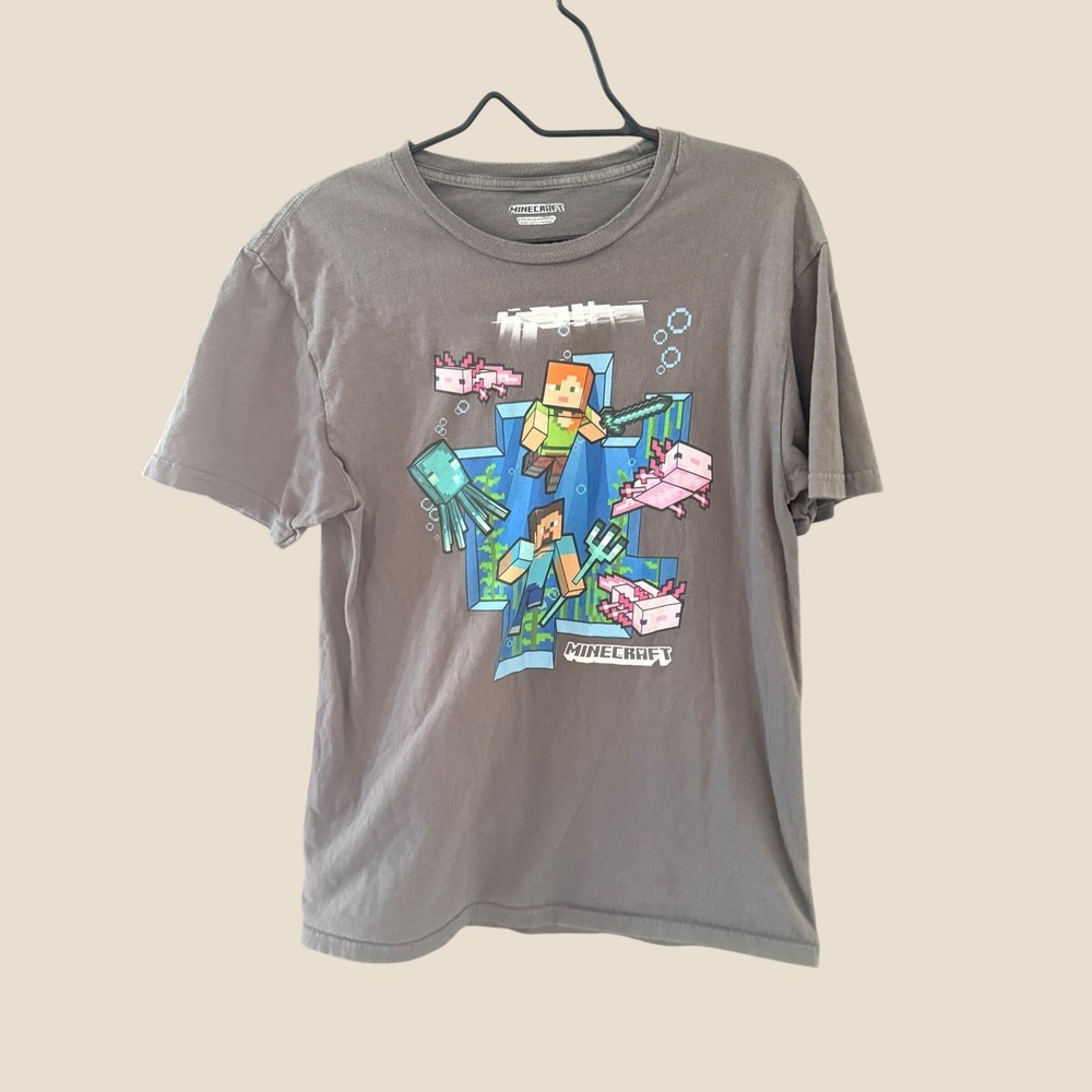 Minecraft Mens Grey Graphic T-Shirt Steve Alex Axolotl Underwater Scene Size M